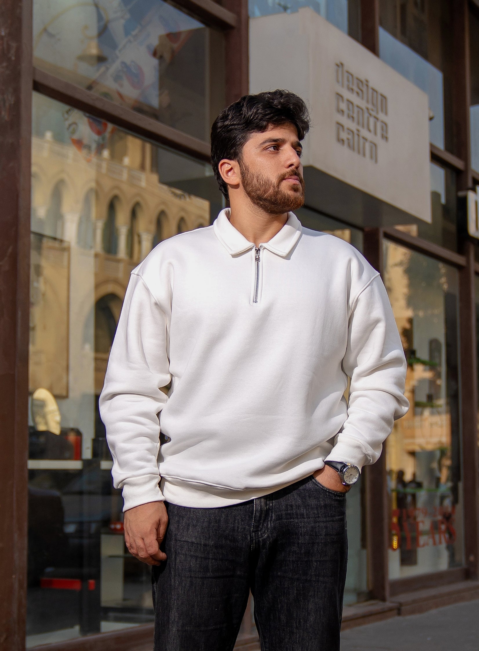 White Oversized Quarter-Zip Sweatshirt