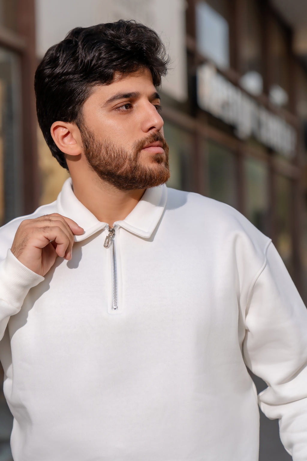 White Oversized Quarter-Zip Sweatshirt